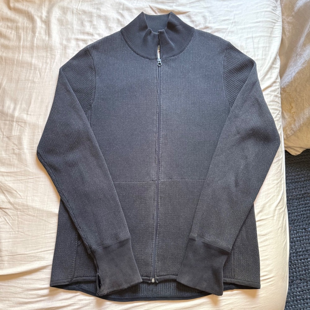 RELWEN navy grey chunky cotton rib ribbed zip up mock neck cardigan sweater